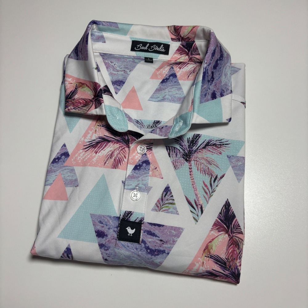 Bad Birdie Golf Performance Polo Mens L Palm Tree Geometric Pastel BeachShirt - Picture 2 of 7